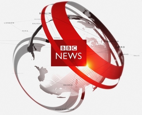 the bbc news logo on top of a white background with red and black lines around it