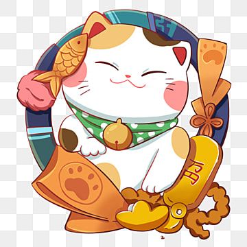 a cartoon cat with a scarf around its neck holding a fish, character, animal, illustration png and psd