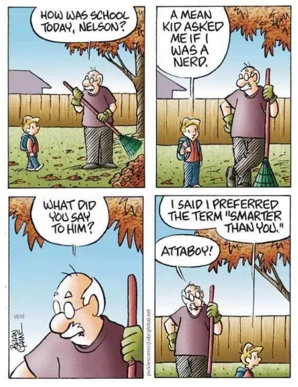 a comic strip with an older man holding a broom and talking to a young boy