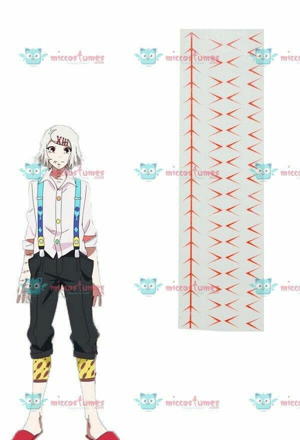 an anime character is standing next to a tall piece of paper with red lines on it