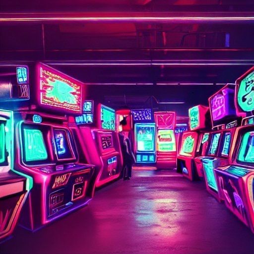 a room filled with lots of different types of video game machines and neon lights on the walls