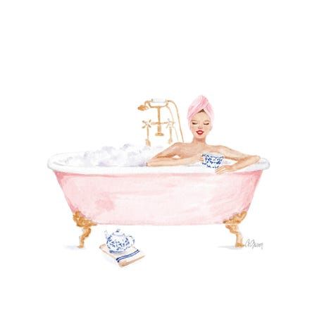 a watercolor painting of a woman taking a bath in a pink claw foot tub