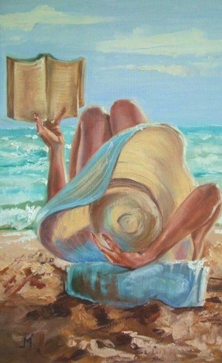 a painting of a woman laying on the beach reading a book