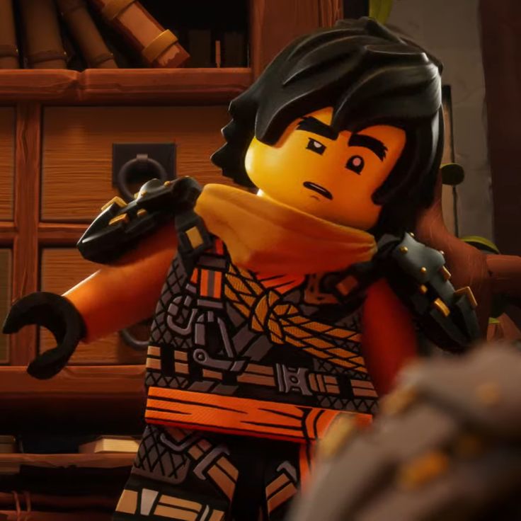 the lego movie character is holding his arm out in front of a bookshelf