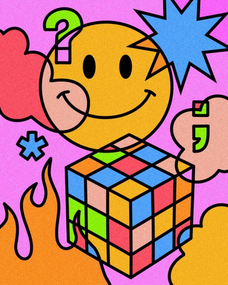 a cartoon character holding a cube with question marks on it