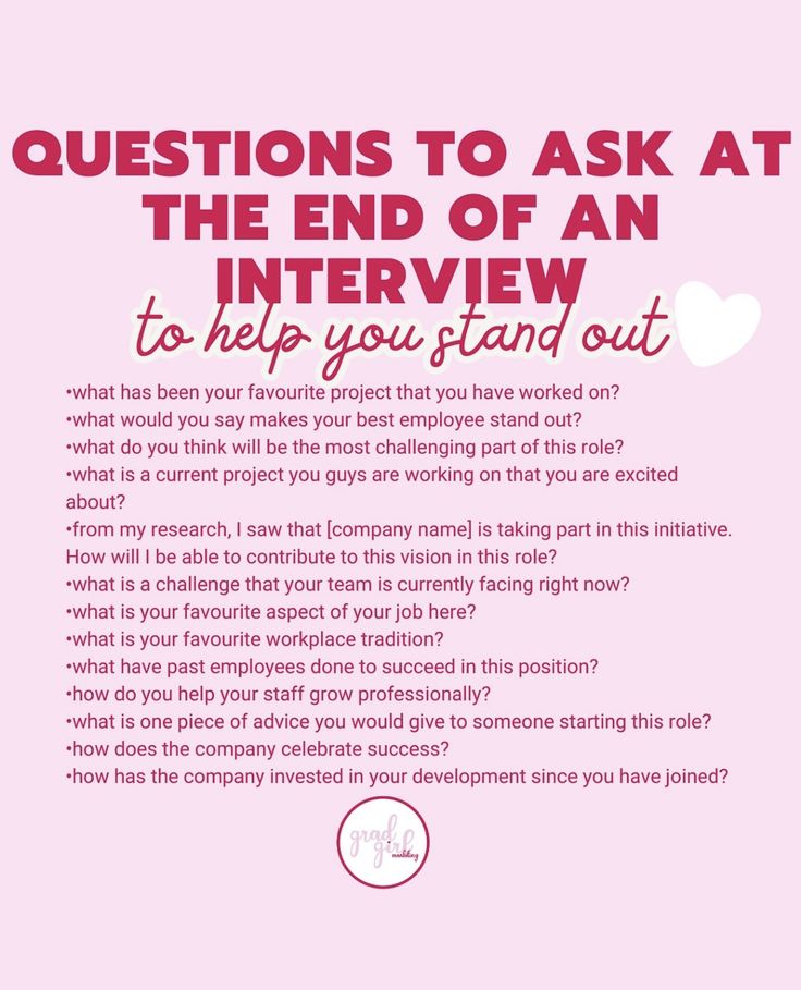 a pink poster with the words questions to ask at the end of an interview