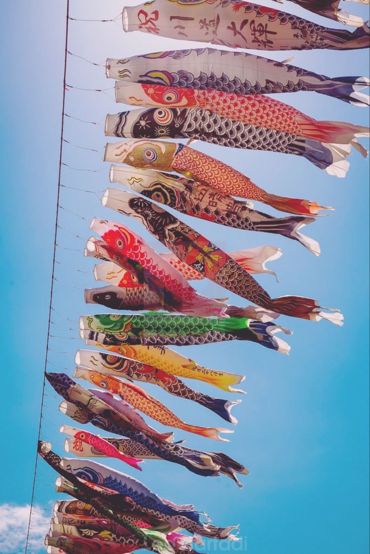 many colorful fish are hanging from a line in front of the blue sky and clouds