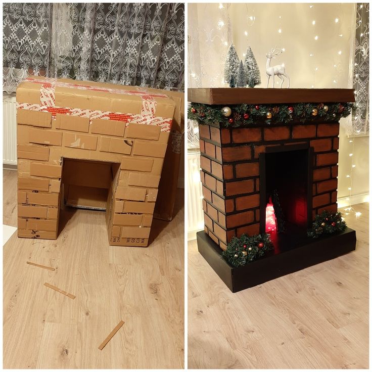 two pictures side by side one has a brick fireplace and the other is a cardboard box