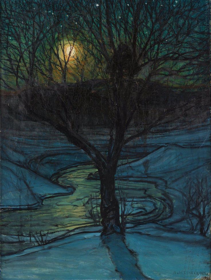 a painting of a tree in the middle of a snow covered field with a full moon behind it