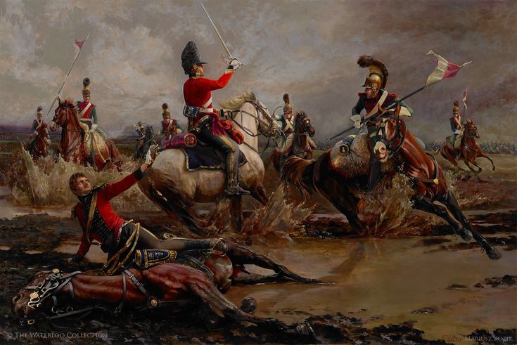 a painting of men on horses in the middle of a muddy field with one laying down