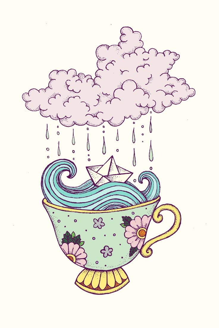 An illustration of a paper boat riding stylized waves in an old-fashioned teacup decorated with flowers. Overhead, rain falls from a storm cloud. Teacup Drawing, Cute Tattoo Design, Aesthetic Wave, Tea Cup Drawing, Grandmacore Aesthetic, Teacup Tattoo, Storm In A Teacup, Tea Cup Design, Cute Tattoo