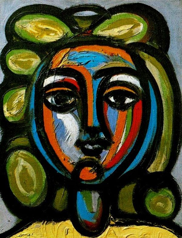 an abstract painting of a woman's face with circles around her head and eyes