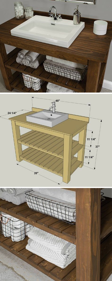 two pictures showing the different parts of a bathroom sink and shelf with baskets under it