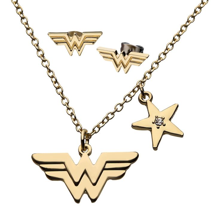 "You will love the coordinating style of this wonder woman pendant necklace and earring set from DC Comics You will love the coordinating style of this wonder woman pendant necklace and earring set from DC Comics Set includes: necklace & stud earrings Chain length: 22 in. Chain type: box Backings: post Metal: stainless steel Plating: ion plated Finish: polished Nickel free Packaging: boxed Size: 18"". Color: White. Gender: female. Age Group: adult. Material: Gold Plate." Wonder Woman Necklace, Pendant Earring Set, Necklace Set Gold, Post Metal, Earrings Chain, Gold Sign, Pendant Earring, Gold Necklace Set, Earrings Pendant