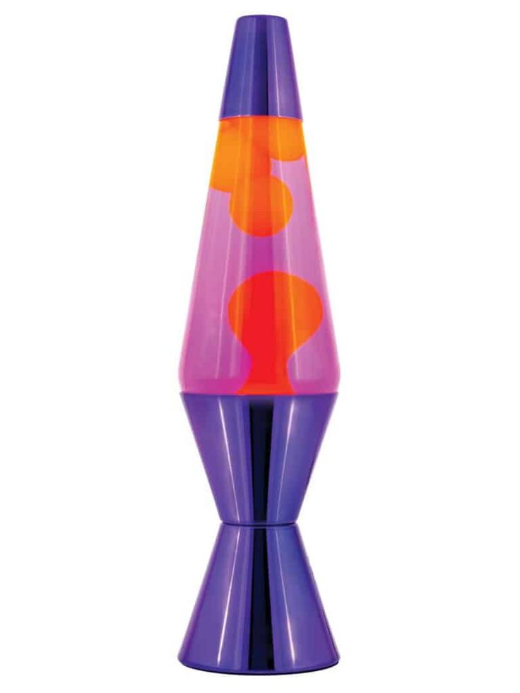 a purple vase with an orange and pink design on the top, sitting in front of a white background