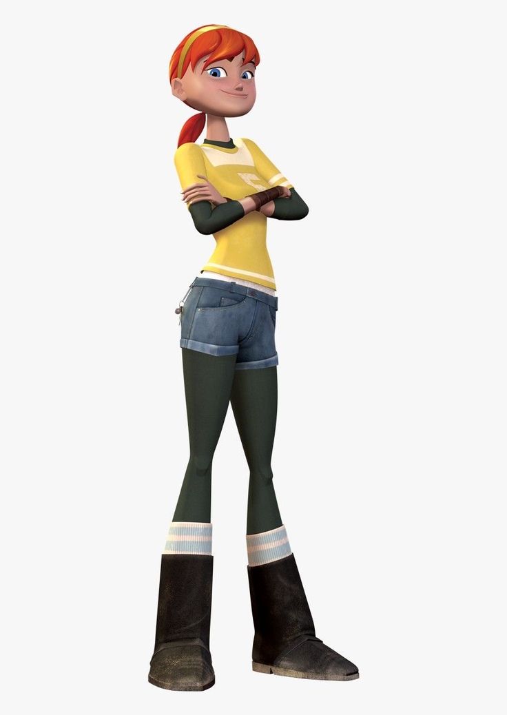 a cartoon girl with red hair and green pants standing in front of a white background