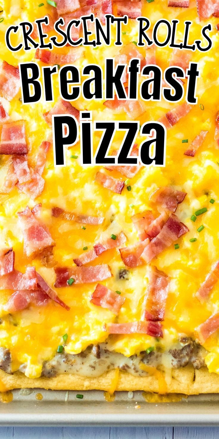 this is an image of a breakfast pizza with cheese and bacon on it, in a pan