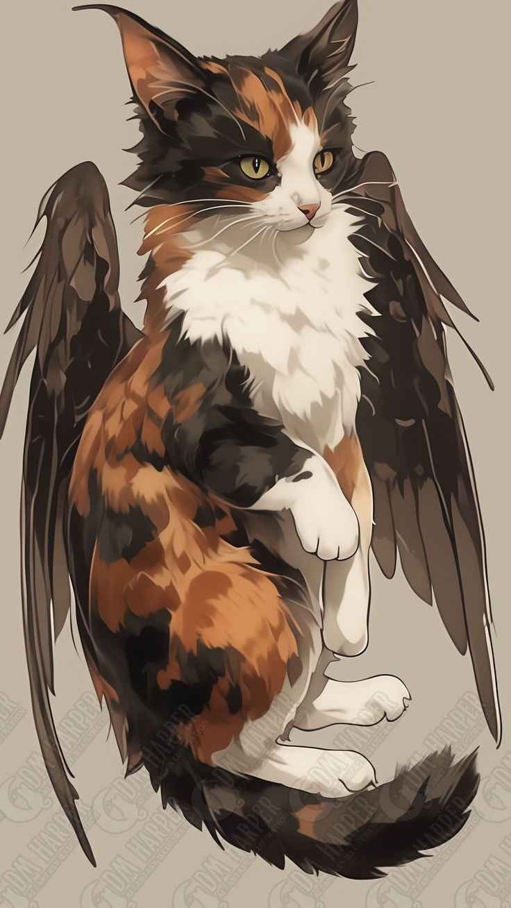 a cat that is sitting down with wings on its back