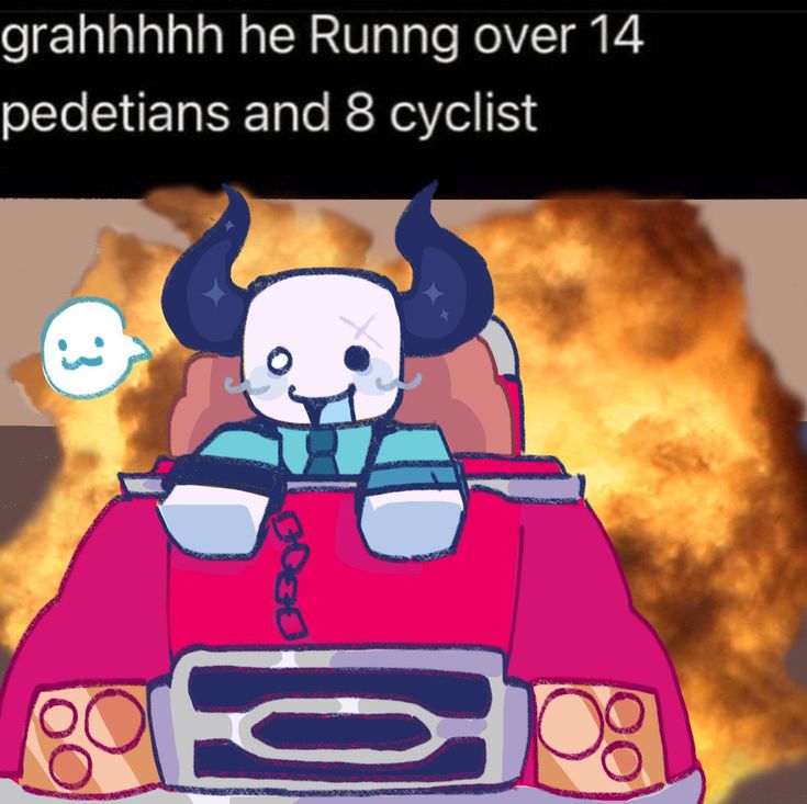 a cartoon character is riding in the back of a red car with horns on it