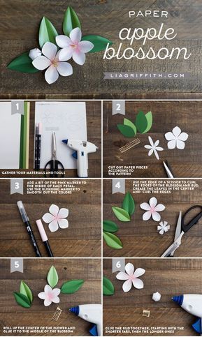 how to make paper flowers with scissors and glue on wood background - step by step instructions