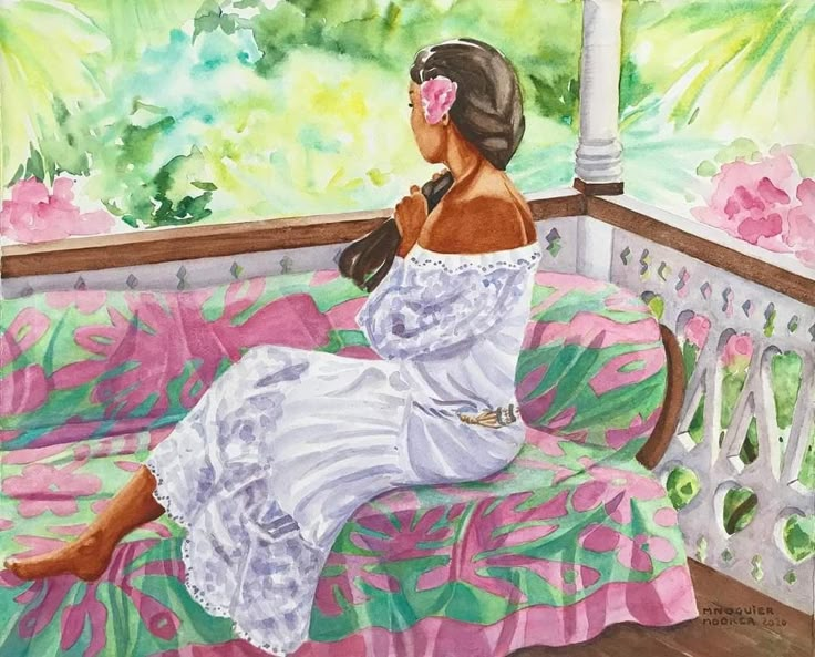 a painting of a woman sitting on a couch in front of a window with pink flowers