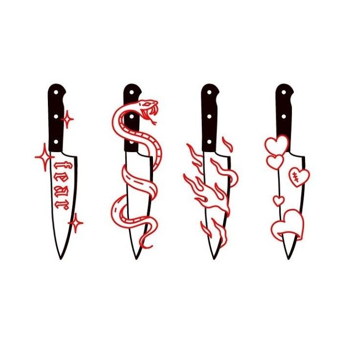 four knives with different designs on them, one is black and the other is red