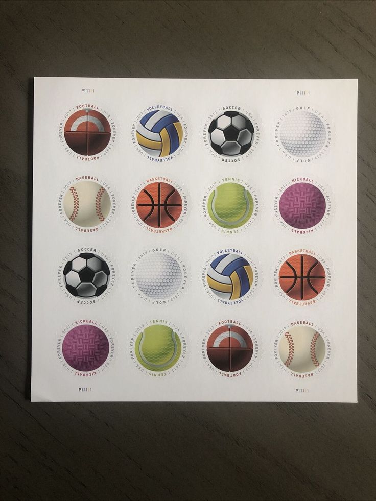 a sheet of stickers with different sports balls on them, all in different colors