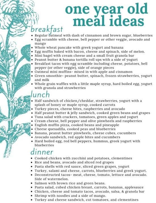 an advertisement for the one year old meal ideas program, with flowers in blue and white