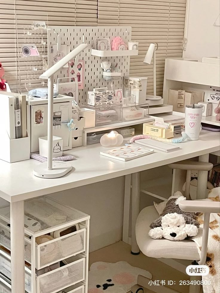 a white desk topped with lots of drawers