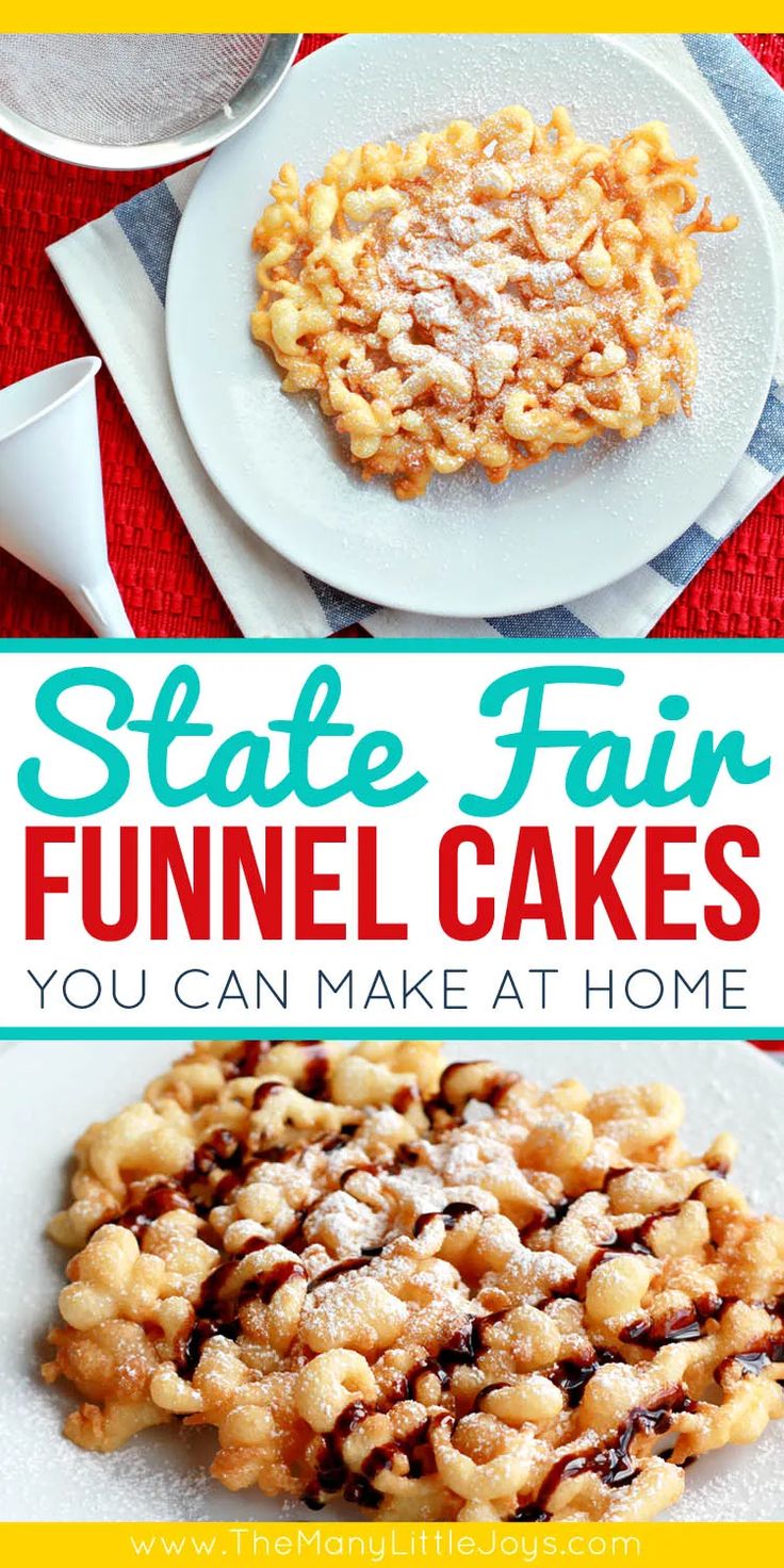 some food that is sitting on top of a table with the words state fair funnel cakes you