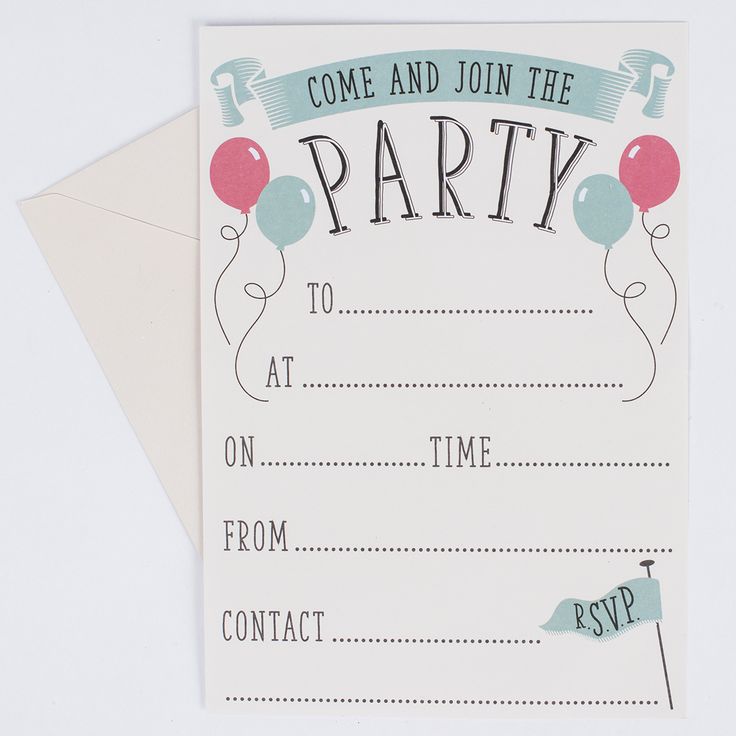 a birthday party card with balloons and confetti on the front, sitting on top of an envelope