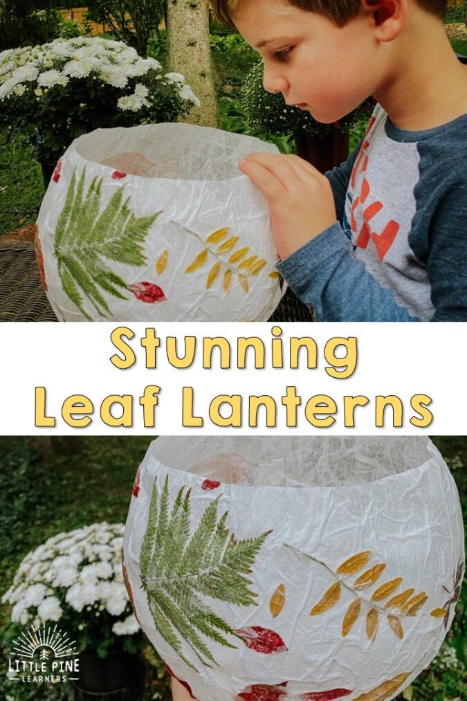 a young boy is making a paper lantern with leaves on it and text overlay reads,