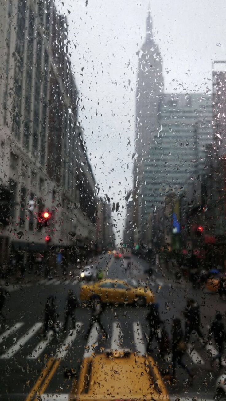 a rainy city street filled with traffic next to tall buildings and yellow taxi cabs