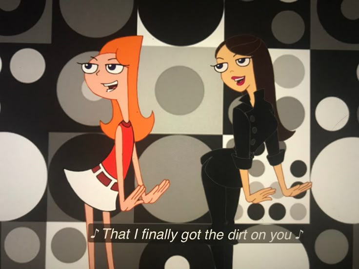 two cartoon characters standing next to each other in front of black and white tiles with dots