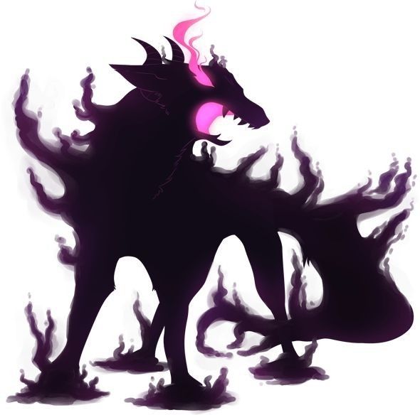 the silhouette of a demon with pink eyes is shown in black and purple ink on a white background