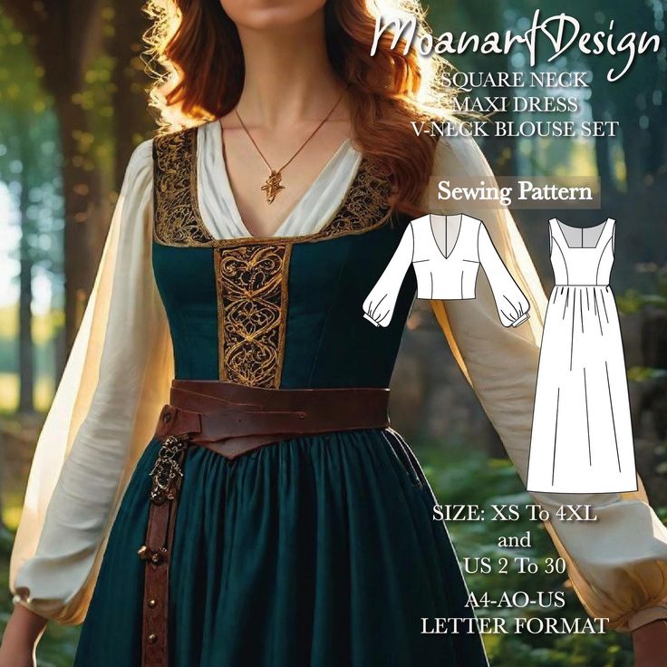 Medieval maxi dress pattern perfect for beginners Buy old and new models in our store at the best price! 👉https://www.etsy.com/shop/MoanartDesign?ref=seller-platform-mcnav Special offer: ♥ Free dress pattern is sent with every order placed today. ♥  The amount of fabric required for the model is 3 meters.  You will need  hidden zipper for the middle back. Our model is suitable for all woven fabrics.  There is a seam allowance in our pattern. **US Sizes: 2, 4, 6, 8, 10, 12, 14, 16, 18, 20, 22, 2 Medieval Overdress Pattern, Medieval Robe Women, Ren Fair Dress Pattern, Medieval Patterns Clothing, Robe Sewing Pattern Free, Sew Pattern Dress, Medieval Dress Sewing Pattern, Medieval Sewing Patterns, Easy Wrap Dress Pattern Free