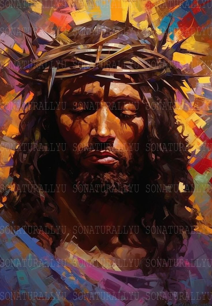 the face of jesus with crown of thorns on his head and multicolored background