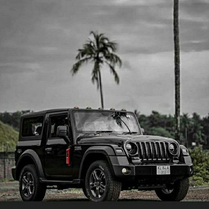 a black jeep parked in front of a palm tree