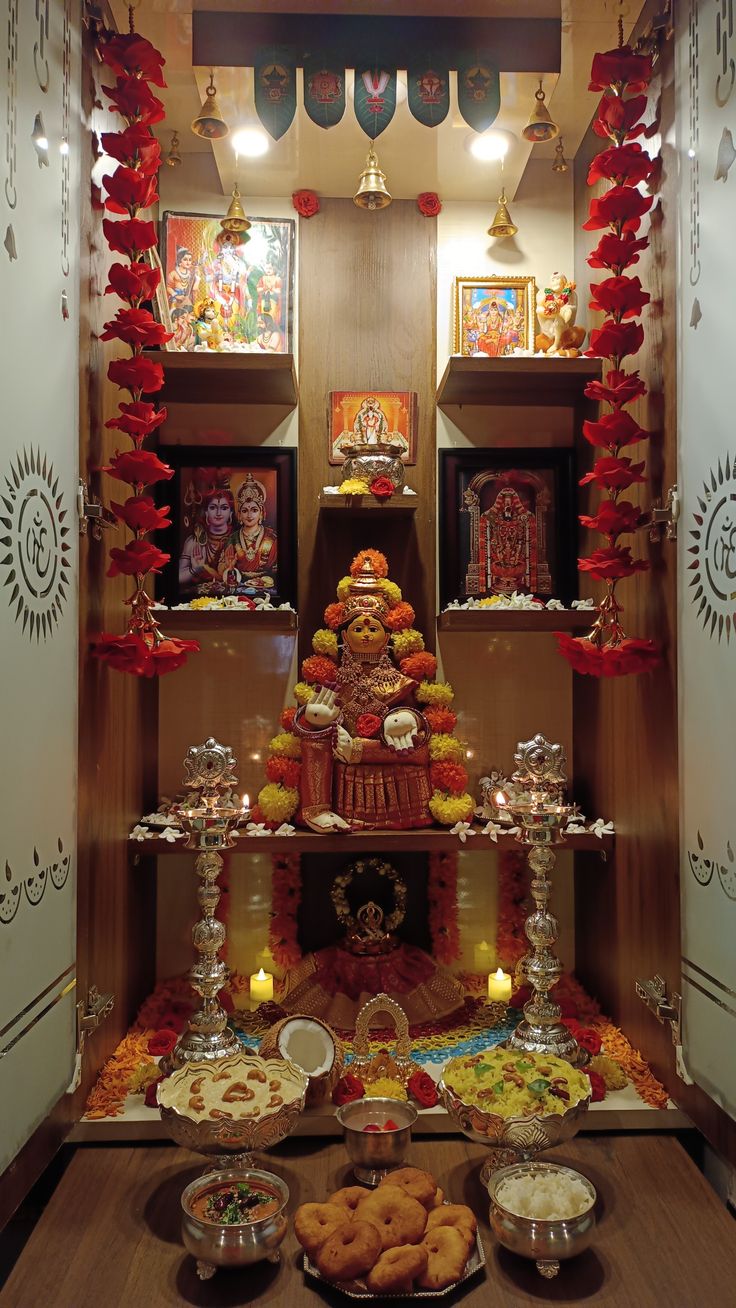 Pooja mandir Pooja Shelf Ideas Indian Modern, Pooja Home Decoration, Pooja Room Shelf Ideas, Small Space Pooja Room Ideas, Pooja Room Ideas Usa Home, Pooja Ghar Decoration Ideas, Small Mandir Decoration Ideas At Home, Pooja Rooms Ideas Indian, Small Pooja Mandir Ideas Design