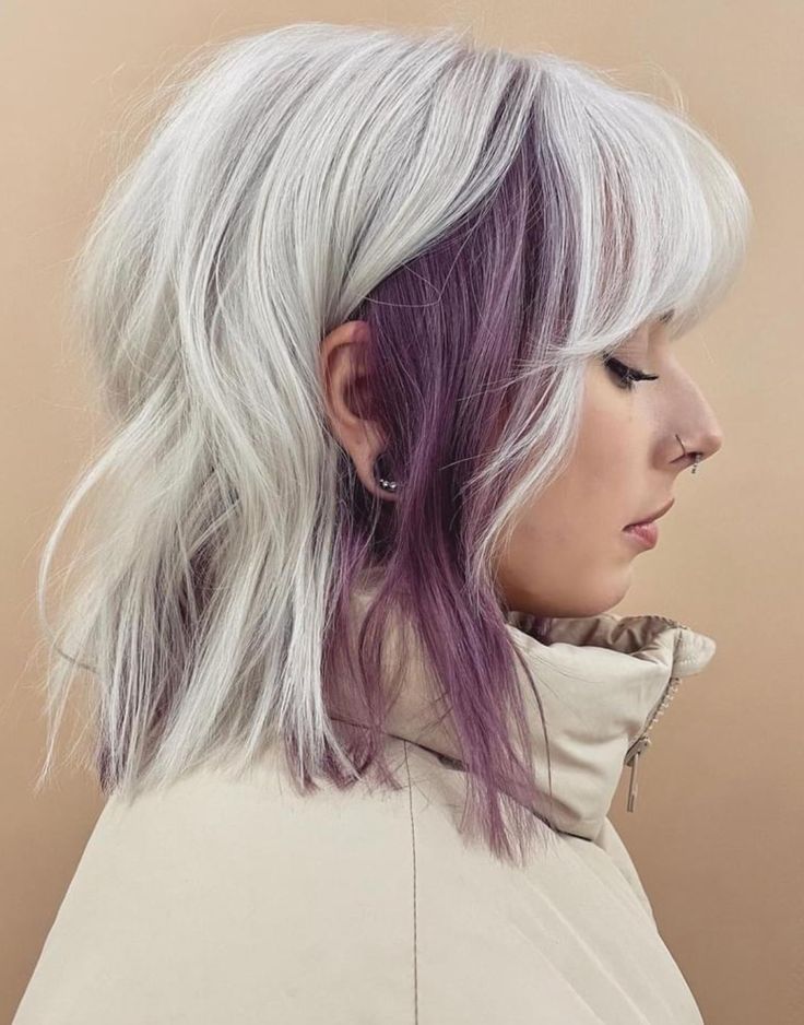 Gray And Vivid Hair, Hair Color Underneath With Bangs, Purple And Platinum Blonde Hair, Muted Fashion Colors Hair, Edgy Purple Hair, Fire And Ice Hair, Curtain Bangs Colored Hair, Colored Money Piece Hair Blonde, Split Dye Hair Ideas Blonde