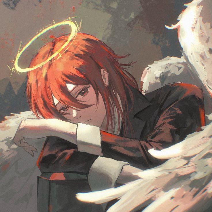 an anime character with red hair and angel wings