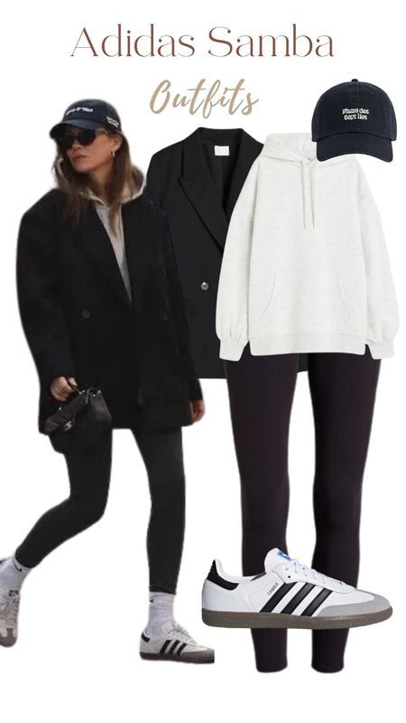 Sporty Weekend Outfit, Adidas Samba Black Hailey Bieber, Casual Sporty Winter Outfits, Workout To Work Outfits, Sporty Mom Outfits Winter, Travel Outfits Autumn, Sambas And Leggings Outfit, Womens Sporty Outfits, Athlesiure Fits Women Winter