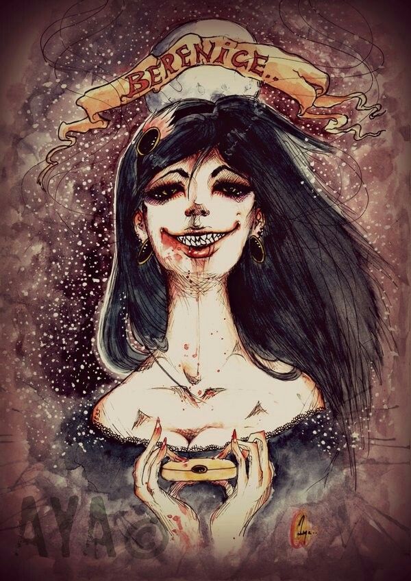 a drawing of a woman with long black hair and an evil smile on her face