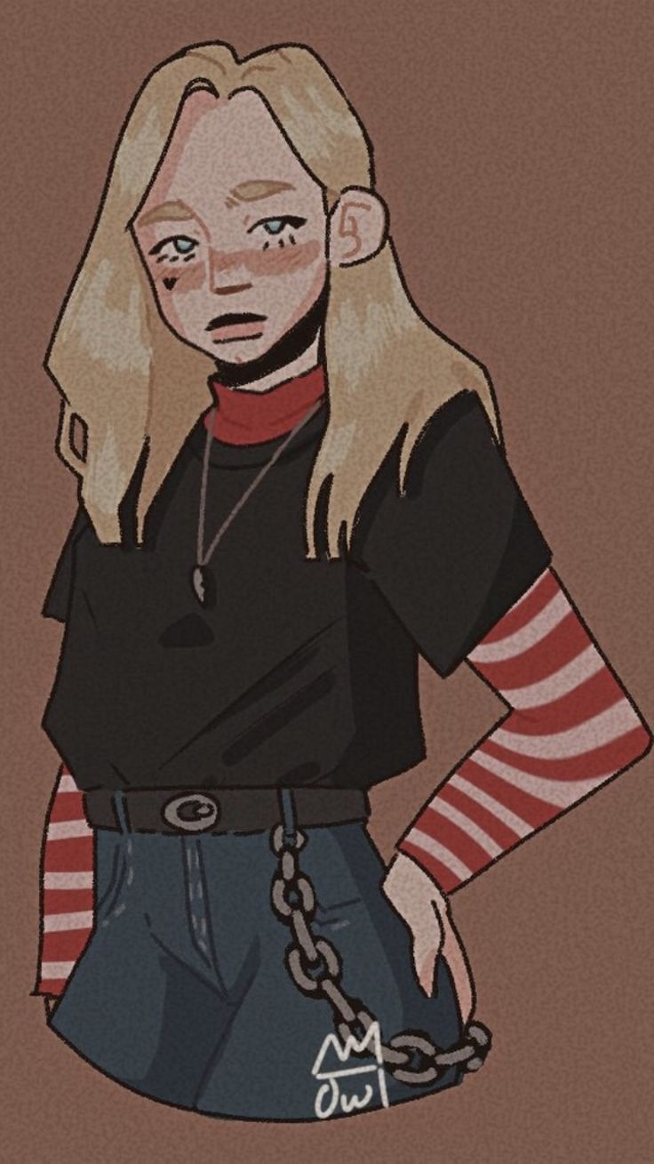 a drawing of a woman with blonde hair wearing a black shirt and blue jeans, holding a chain