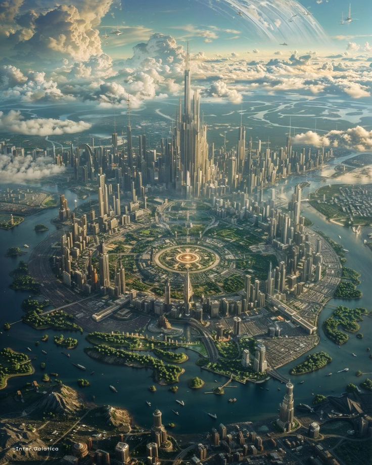 an artist's rendering of a futuristic city surrounded by water and clouds in the sky