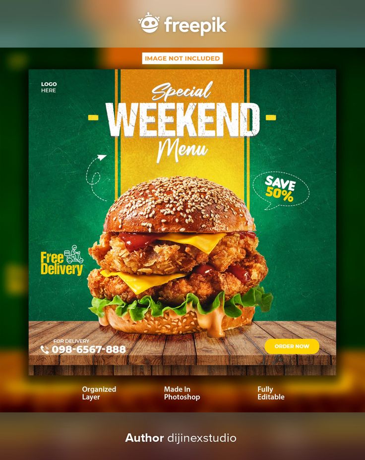 an advertisement for a burger restaurant with chicken and cheese on the bun, in front of a green background