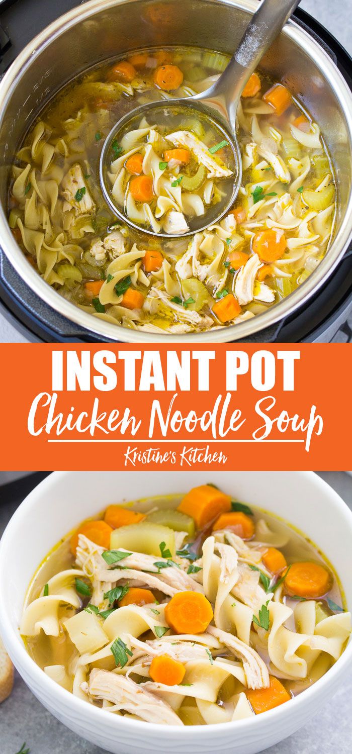 instant pot chicken noodle soup in a white bowl