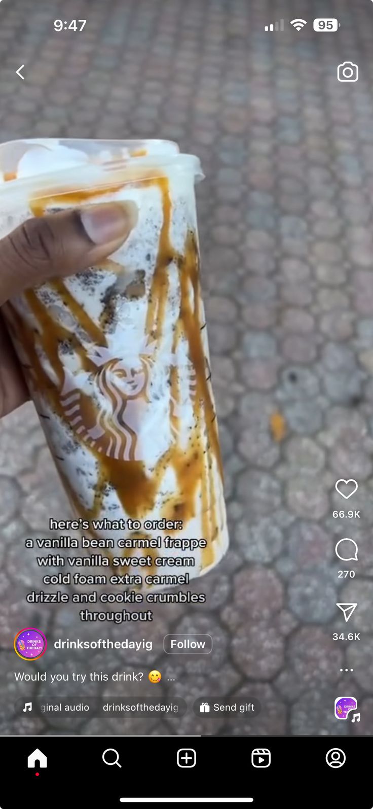 someone is holding up a cup with caramel sauce on it and the caption below