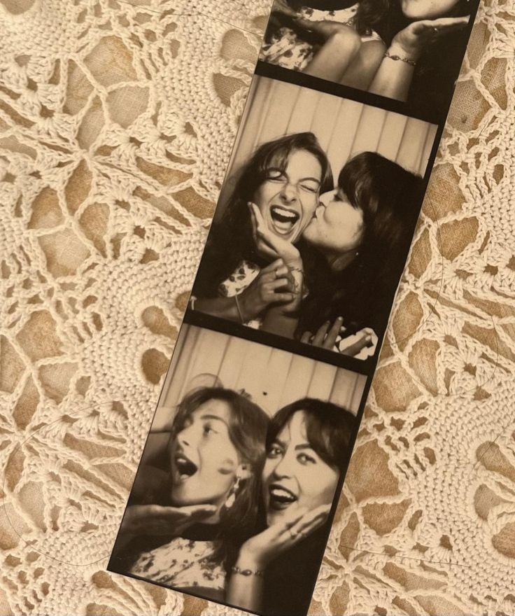 three pictures of two women kissing each other on a lace tablecloth with white doily