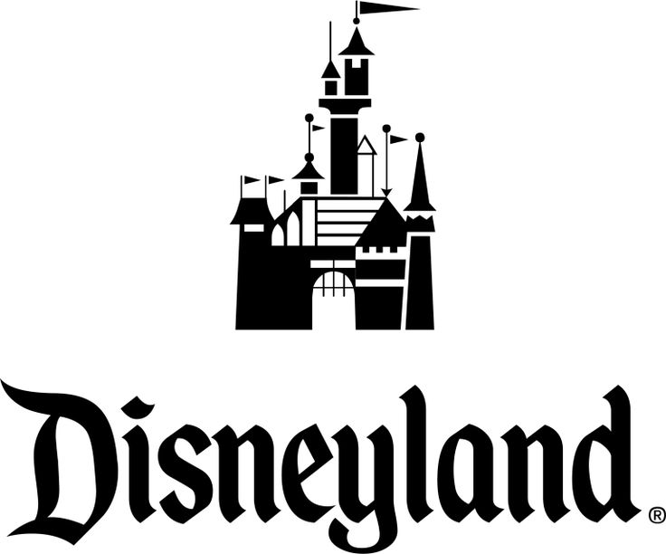 the disneyland logo is shown in black and white, with castle silhouettes on it